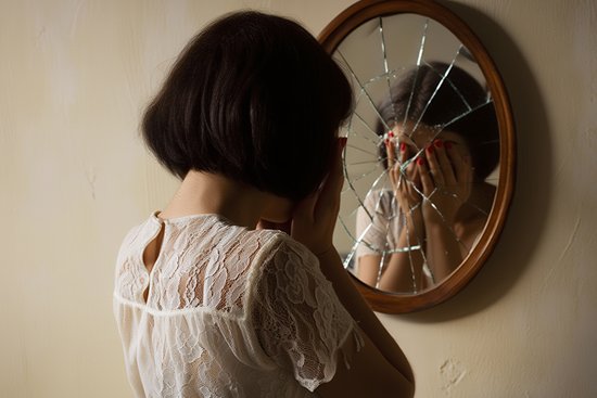 Девушка у разбитого зеркала прикрыла лицо руками